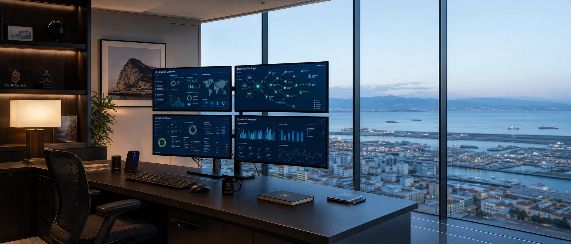 Professional IT workspace in Gibraltar with infrastructure monitoring dashboards and Mediterranean harbour view